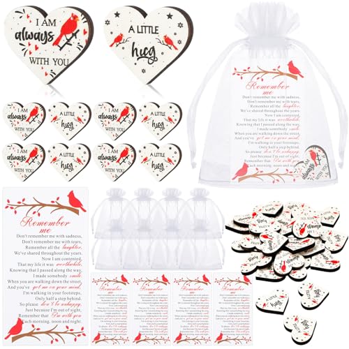 Yousoontic 120 Sets Funeral Favors Celebration of Life Decorations Cardinal Memorial Angel Sign Heart Pocket Hug Token with Prayer Card Organza Bag for Guests Funeral Cardinal Memorial Gifts
