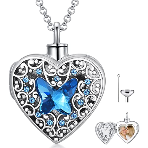 Dorunmo Personalized Heart Urn Locket Necklace for Ashes and Pictures 925 Sterling Silver Customized Locket Memorial Keepsake Cremation Jewelry for Ashes for Women Men Keep Someone Near to You - color: Blue Butterfly, style: No Personalization