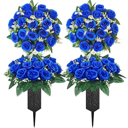 Mirevielyn 18-Stem Artificial Rose Cemetery Flowers with Spiked Vases | Artificial roses, fade-resistant, stain-resistant material, outdoor memorial decor, headstone display, gravesite arrangement - color: Blue