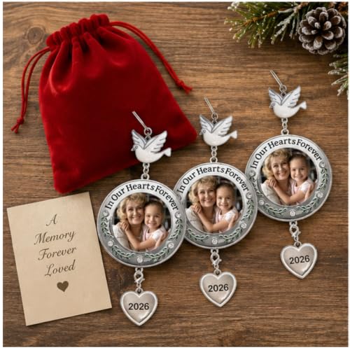 Memorial Christmas Photo Ornaments 2026, Set of 3 Remembrance Keepsakes, in Our Hearts Forever Sympathy Ornaments with Clear Gems, Floral Accents, Dove Hooks and Gift Bags, 3 Inch - size: 3 Pack