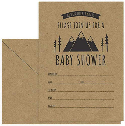 Canopy Street Adventure Awaits Baby Shower Invitations / 25 Mountain Themed Fill In The Blank Gender Neutral Baby Shower Invites / 5" x 7" Flat Boy Or Girl Gender Reveal Invitation - color: Adventure Awaits