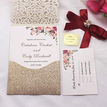 25Pcs Gold Glitter Laser Cut Invitations with RSVP Cards and Envelopes - color: Glitter Gold