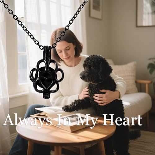 Paw Print Heart Pet Ashes Memorial Necklace with Mini Inner Box-Black | Pet Cremation Jewelry for Ashes, Cremation Urn Jewelry to Hold Dog & Cat Ashes Pendant with Box Filling Tools - color: Black