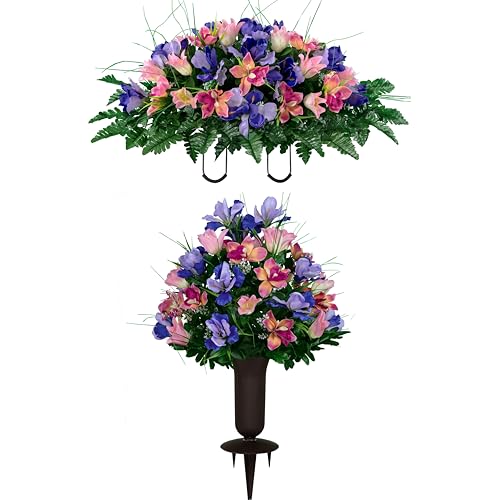 Artificial Cemetery Flowers - Grave Decoration - Cream Pink Tulips and Purple Iris (1) Headstone Saddle (1) Bouquet (1) Vase - color: Pink/Purple, size: (1) Saddle (1) Bouquet (1) Vase