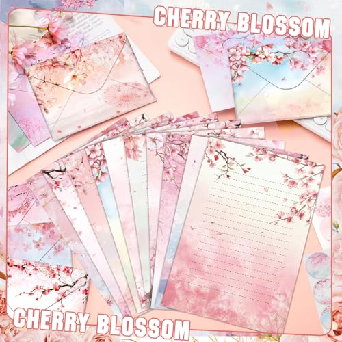TaoBary 160 Pcs Cherry Blossom Stationery Paper and Envelopes Set | 5.5 x 8.25'' Letter Writing Kit, 50 Double Sided Stationery Writing Papers 50 Matching Envelopes 60 Round Dot Sticker - size: 5.5 x 8.25 Inch, style: Cherry Blossom