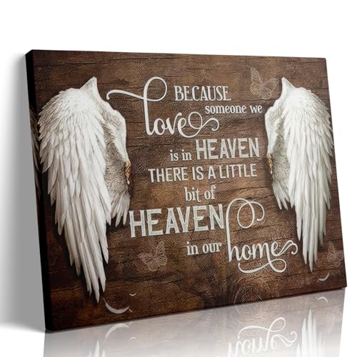 Memorial Angel Wings Wall Art Heavenly Love Home Pictures In Loving Memory Posters Paintings Because Someone We Love is in Heaven Canvas Prints Rustic Christian Memorial Wall Decor(36X24in Canvas) - size: 36"L x 24"W