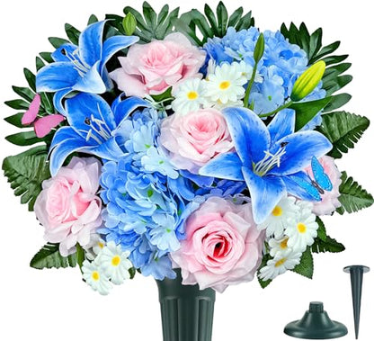 Artificial Cemetery Flowers,Memorial Flowers,Beautiful Arrangements for Headstones,Silk Hibiscus Rose Berries