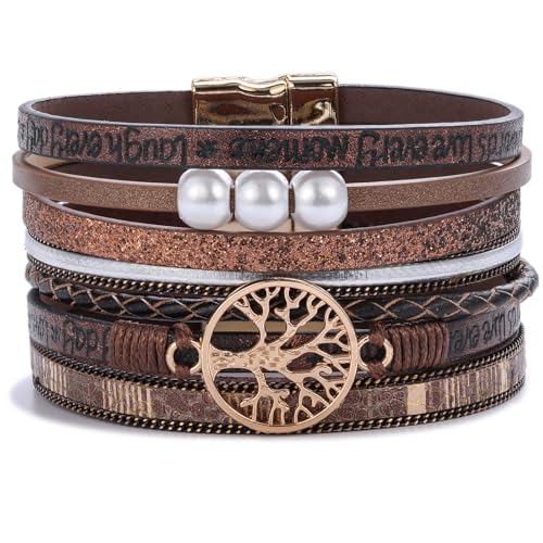 Tree of Life Inspirational Leather Wrap Bracelets Boho Western Cowgirl Cuff - color: Coffee