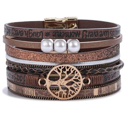 Tree of Life Inspirational Leather Wrap Bracelets Boho Western Cowgirl Cuff - color: Coffee