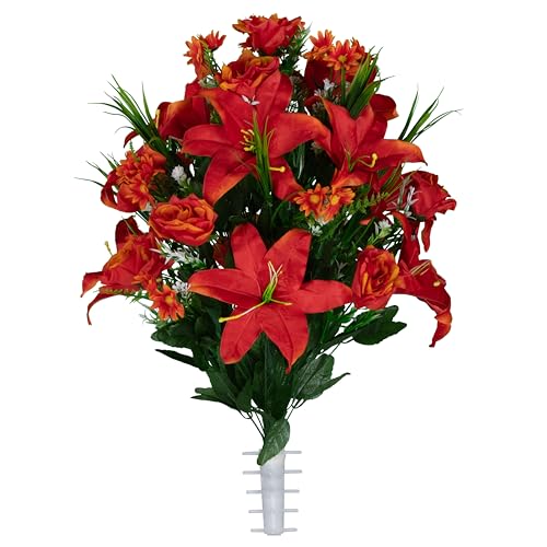 Sympathy Silks Artificial Cemetery Flowers - Gravesite Flowers - Fire Red Lily, Rose, and Daisies - color: Fire Red, size: Bouquet