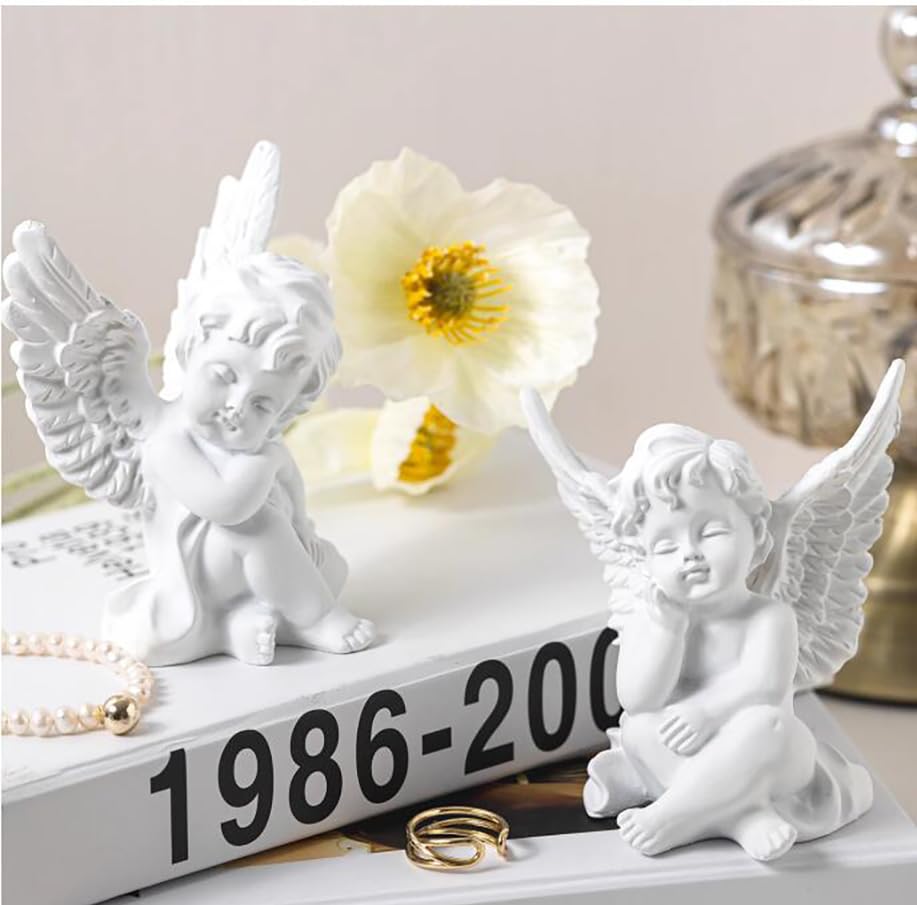 KiaoTime l Set of 2 Resin Adorable Cherubs Angels Statues Figurine Guardian Angel Garden Angels Sculpture Cute Angel Collection Wings Angel Memorial Statue 4.25"