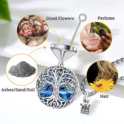 Urn Necklace for Ashes for Women/Men 925 Sterling Silver Cremation Jewelry w/Funnel Filler Memorial Jewelry Gifts - color: A-Tree of Life 2 (Abalone Shell), style: Customized
