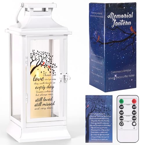 HAVITI HAVITI Memorial Lantern Sympathy Gifts for Loss of Loved One, Mom Dad, White Memeorial Lanterns Bereavement Remembrance Gifts for Loss with LED Candle and Remote - color: White