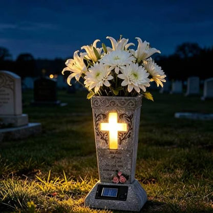 HUYIENO Solar Cemetery Vase for Grave Decor Cemetery Decor Waterproof Memorial Fresh or Artificial Flowers Holder with Warm Cross Light Sympathy Gifts for Loss of Loved One - style: Cross