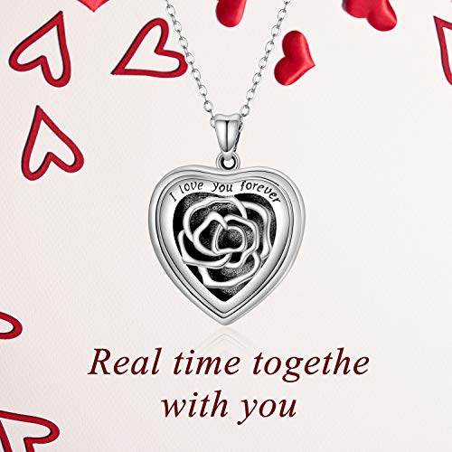 SOULMEET Personalized Silver Locket Necklace That Holds Pictures Photo Keep Someone Near to You, Memorial Custom Lockets Necklaces Letters Engraving for His Her - color: B-Rose-Black, style: Locket+Custom Photo