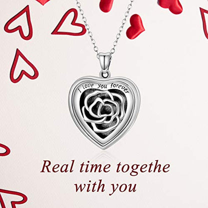 SOULMEET Personalized Silver Locket Necklace That Holds Pictures Photo Keep Someone Near to You, Memorial Custom Lockets Necklaces Letters Engraving for His Her - color: B-Rose-Black, style: Locket+Custom Photo
