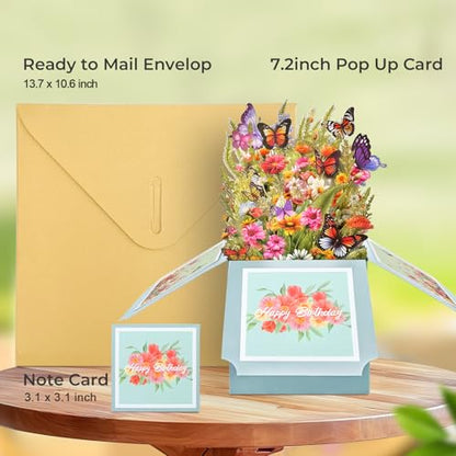 Pop Up Card, Wildflowers & Butterflies Birthday Card for Women | 3D Box Greeting Card for Mom, Wife, Daughter, Sister, Happy Birthday Gifts for Women, Blank Notecard & Envelope - color: Happy Birthday Wildflowers
