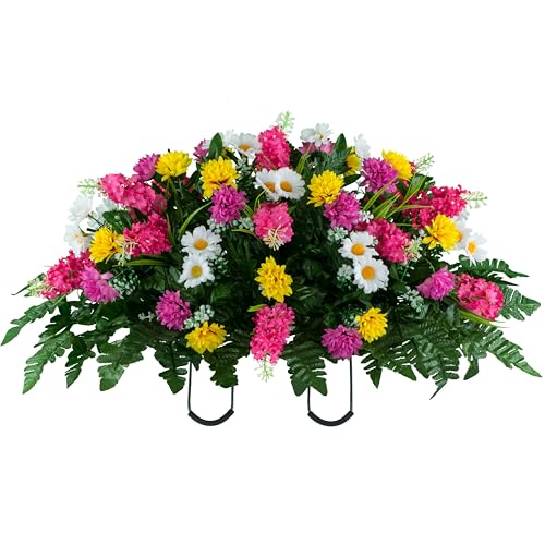 Sympathy Silks Artificial Cemetery Flowers – Realistic Wildflower Outdoor Grave Decorations - Pink Yellow Wildflower Saddle for Headstone - color: Pink Yellow, size: Saddle