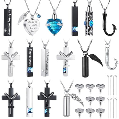 Huquary 16 Pcs Urn Necklace for Ashes Waterproof Stainless Steel Carved Ashes Locket with 8 Filling Kit Heart Cylinder Cross Cubic Fish Hook Jewelry for Ashes with Wing Diamond for Men Women - color: Light Blue