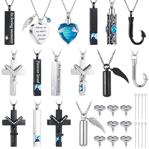 Huquary 16 Pcs Urn Necklace for Ashes Waterproof Stainless Steel Carved Ashes Locket with 8 Filling Kit Heart Cylinder Cross Cubic Fish Hook Jewelry for Ashes with Wing Diamond for Men Women - color: Light Blue