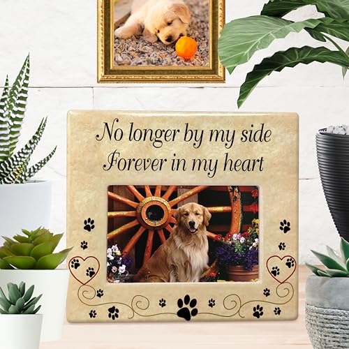 Pet Memorial Picture Frame, Ceramic Pet Loss Gift with Sympathy Quote “No Longer By My Side Forever In My Heart” – Dog & Cat Memorial Photo Frame for Rainbow Bridge Remembrance – 8” x 7.25” - size: 1 pack
