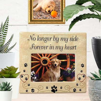 Pet Memorial Picture Frame, Ceramic Pet Loss Gift with Sympathy Quote “No Longer By My Side Forever In My Heart” – Dog & Cat Memorial Photo Frame for Rainbow Bridge Remembrance – 8” x 7.25” - size: 1 pack