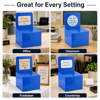 Raffle Ticket Donation Collection Ballot Box Reusable Sturdy thick Cardboard with Slot comment Suggestion Box With Removable Header 6H x 6W x 6D, Display area 6H x 6W (Blue 10 pack) - color: Blue
