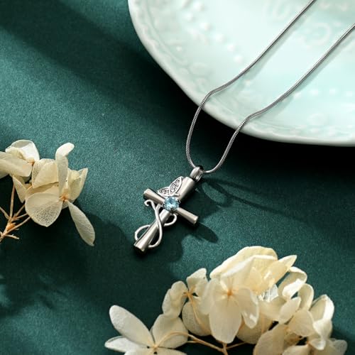 Butterfly Cross Cremation Jewelry Urn Necklaces Cross Butterfly Urn Necklaces for Ashes Memorial Keepsake Pendant for Women Men Gifts With Funnel Kit & Bag - color: Silver+LightBlue