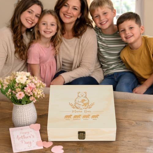 Personalized Mama Bear Memory Box, Engraved Gift for Mom or Grandma | Add kids' or grandkids' names. Holds photos, letters & family keepsakes. 4 sizes, 4 finishes & optional inside engraving. - style: 19. Mama Bear Designs