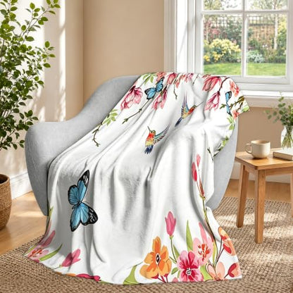 Butterfly Flowers Fleece Throw Blanket, Flannel Blankets for Couch 50"×60" - color: Hummingbird