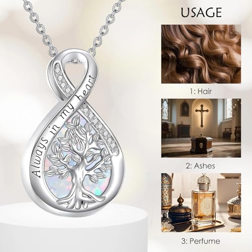 Diamond Tree of Life Urn Necklace for Ashes 925 Sterling Silver Family Tree of Life Cremation with Funnel Filler Ash Holder Keepsake Memorial Jewelry Gifts for Women,18+2 inch - style: Style 2-White Opal