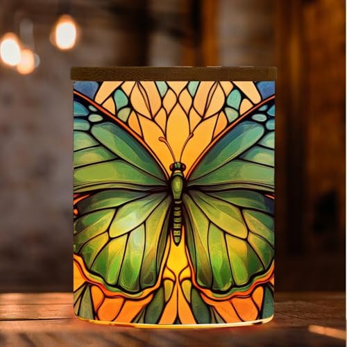 Stained Glass Butterfly Home Decoration Tea Light Candle Jar Candlesticks, LED Tealight Candleholder, Blue Flowers Tealight Candle Holders with Bamboo Lid for Table Centerpiece Party Decor - color: Butterfly