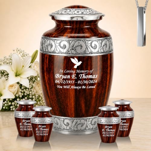 Set of 6 Custom Engraved Wooden Grain Cremation Urns for Human Ashes Adult Male & Female - Includes 1 Large Wooden Grain Urn with 4 Small Keepsakes & 1 Silver NecklaceUrn - color: Wooden Grain - Custom Strandard Set