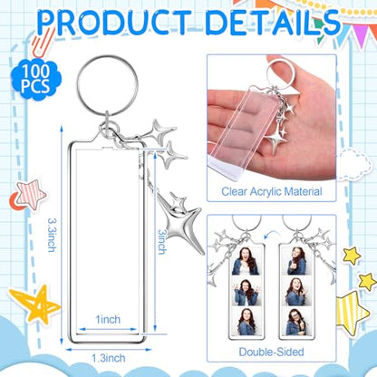 MTLEE 12 Pcs Mini Photo Strip Keychain Frame 1x3 Inch Acrylic Photo Booth Keychain Double Sided Keyring Blank DIY Custom Gift - style: Four Pointed Star Clasp
