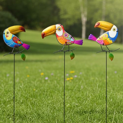 Set of 3 Toucan Stained Glass Decorative Garden Stakes - color: Toucan