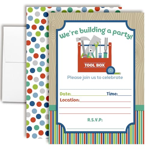 Building a Party Tool Box Birthday Party Invitations, 20 5x7 Fill In Cards with Twenty White Envelopes by AmandaCreation™ - color: Building a Party Tool Box