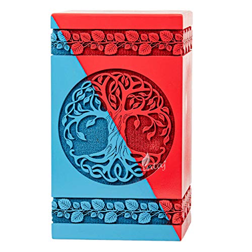 Wooden Cremation Urn for Human Ashes, 20 Cu in, Keepsake, Blue & Red | Hand-carved wood, blue and red, screw-locked sliding base, engraving available, holds a small share of ashes, to 20 lb - color: Blue & Red, size: Keepsake - 3.50Hx2.00W (6.50 Cu/In)