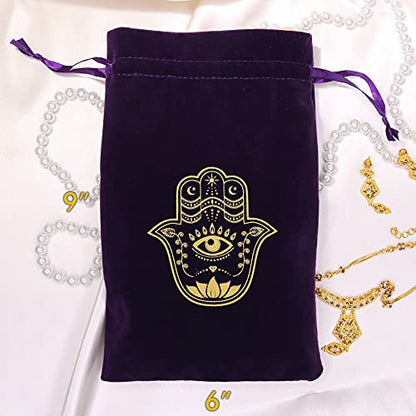 ARTSY CRAFTS 6x9" Hamsa Hand Velvet Jewelry Pouch Gift Bags, Fatima Hand Evil Eye Velvet Drawstring Oracle Tarot Card Rune bags Dice Bag (Eggplant Purple) - color: Eggplant Purple