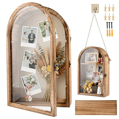 Shadow Box Frame, 10x16 Large Shadow Boxes Display Cases with Linen Back and Removable Shelves, Arch Memory Box for Medals, Photos, Memorabilia, Wedding Bouquet, Awards, Keepsakes, Carbonized Brown