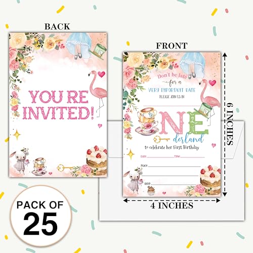 Birthday Invitations - Wonderland 1st Birthday Invites with Envelopes(25-Count) - Floral Garden Fill-in Party Invite Cards for Girls Kids Party Supplies Favors Decorations - A09 - style: Wonderland 1st
