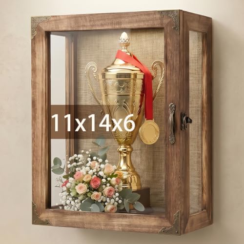 Shadow Box Display Case 11x14 Deep with Glass on 4 Sides, 6.2in Depth Wall Mounted Memory Box for Keepsakes, Wooden Display Case for Graduation Cap, Jersey, Wedding, Medals – Rustic Shadowbox Frame - color: 03