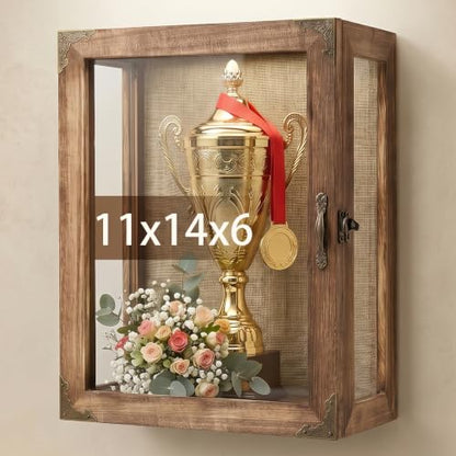 Shadow Box Display Case 11x14 Deep with Glass on 4 Sides, 6.2in Depth Wall Mounted Memory Box for Keepsakes, Wooden Display Case for Graduation Cap, Jersey, Wedding, Medals – Rustic Shadowbox Frame - color: 03