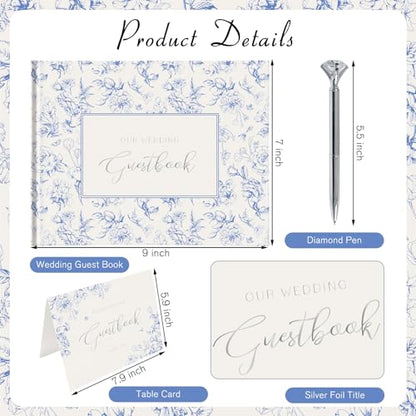 Blue Floral Wedding Guest Book with Pen, Hardcover, 144 Pages, 9x7 inches | Silver Foil Title, Space for Polaroid Photos Messages, Sign In Book for Reception, Bridal Shower Guest Book, Engagement Party - color: Blue