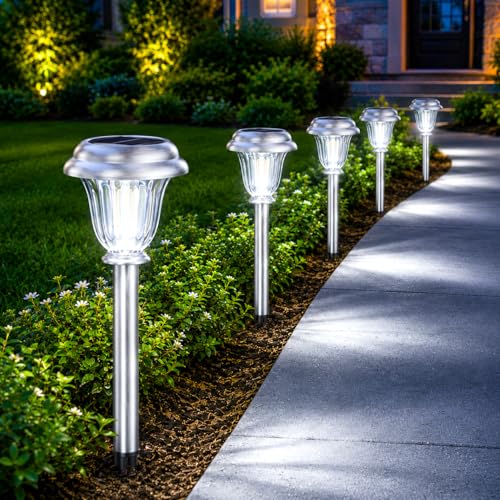 DERAYSION Solar Lights Outdoor, Metal Glass Solar Pathway Lights | IP65 Waterproof Garden Lights Glass Stainless Steel Long-Lasting Outdoor Solar Lights for Yard Garden Path Driveway Walkway - color: 6Pack-6000K-SS