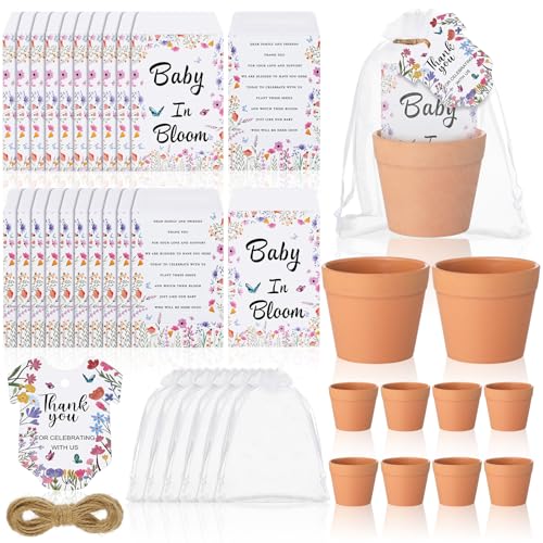 Ctosree 50 Sets Wildflower Baby in Bloom Baby Shower Seed Packets Favors for Guests Include Self Adhesive Seed Packets (No Seeds) Clay Plastic Flowerpot Thank You Tags Hemp Rope Organza Gift Bags - color: Wildflower Baby in Bloom