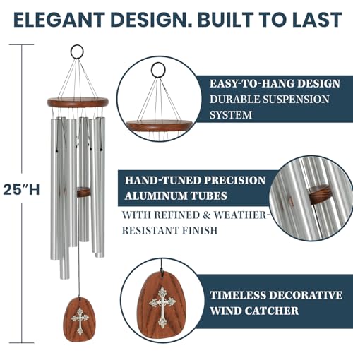 Woodstock Chimes Cross Wind Chime for Outside, Garden, Patio, Porch and Outdoor Decor (25'') Silver Amazing Grace Medium (AGMCR)
