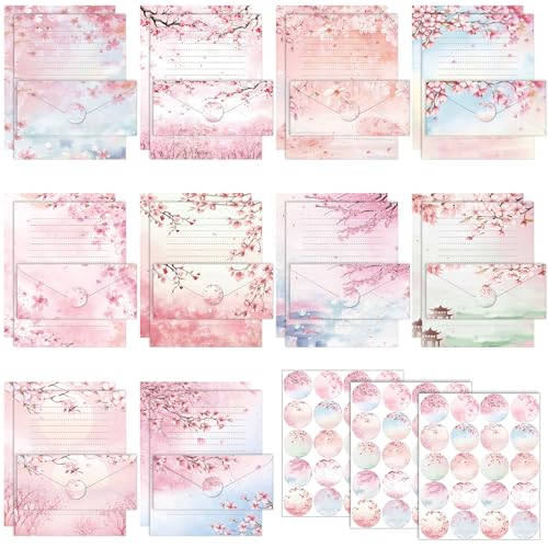 TaoBary 160 Pcs Cherry Blossom Stationery Paper and Envelopes Set 50 Double Sided Lined Stationery Paper with 50 Matching Envelopes and 60 Round Dot Sticker 8.5 x 11'' Letter Writing Kit, 10design - size: 8.5 x 11 Inch, style: Cherry Blossom