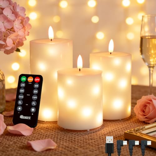 LEDHOLYT Rechargeable Glass LED Flameless Candles, Embedded Star String Flickering Flameless Candles for Romantic Ambiance and Home Decoration with Remote & Timer(White) - color: Rechargeable-White Glass