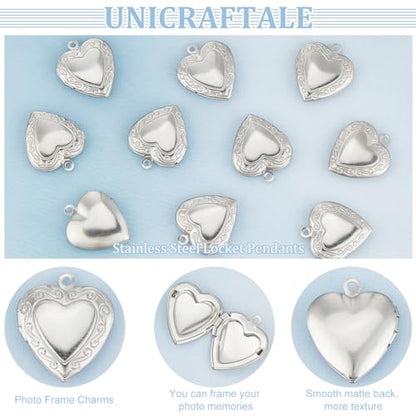 UNICRAFTALE 20Pcs 22.5mm Stainless Steel Photo Pendants Heart Locket Pendants Heart Memory Locket Charms Metal Hearts Charms Photo Lockets Necklace Pendant for Jewelry Making Charms