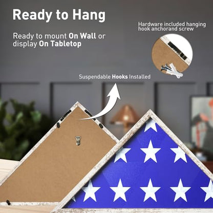 ASmileIndeep Flag Display Case - 5' x 9.5' Funeral & Military Flag Shadow Box with HD Tempered Glass and Wall Mount, Folded Triangle Flag Holder Frame for Veterans, Whitewashed - size: For 5' x 9.5' Flag-Whitewashed